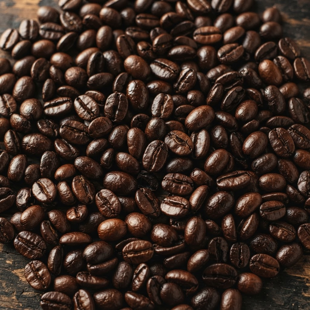 Close-up of glossy dark-roasted coffee beans