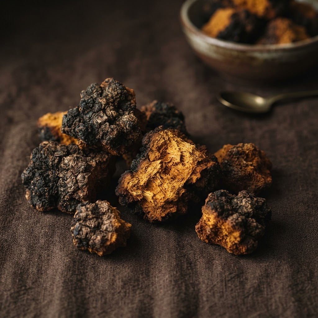 Chunks of raw Chaga mushroom with golden interior