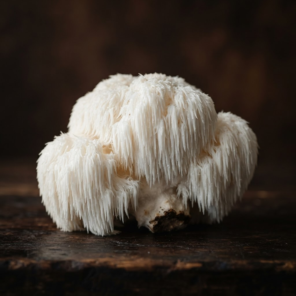 A whole Lion's Mane mushroom with cascading white spines
