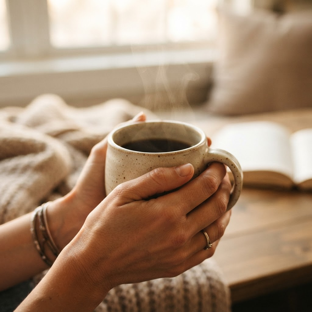 Hands wrapped around a warm mug of black coffee